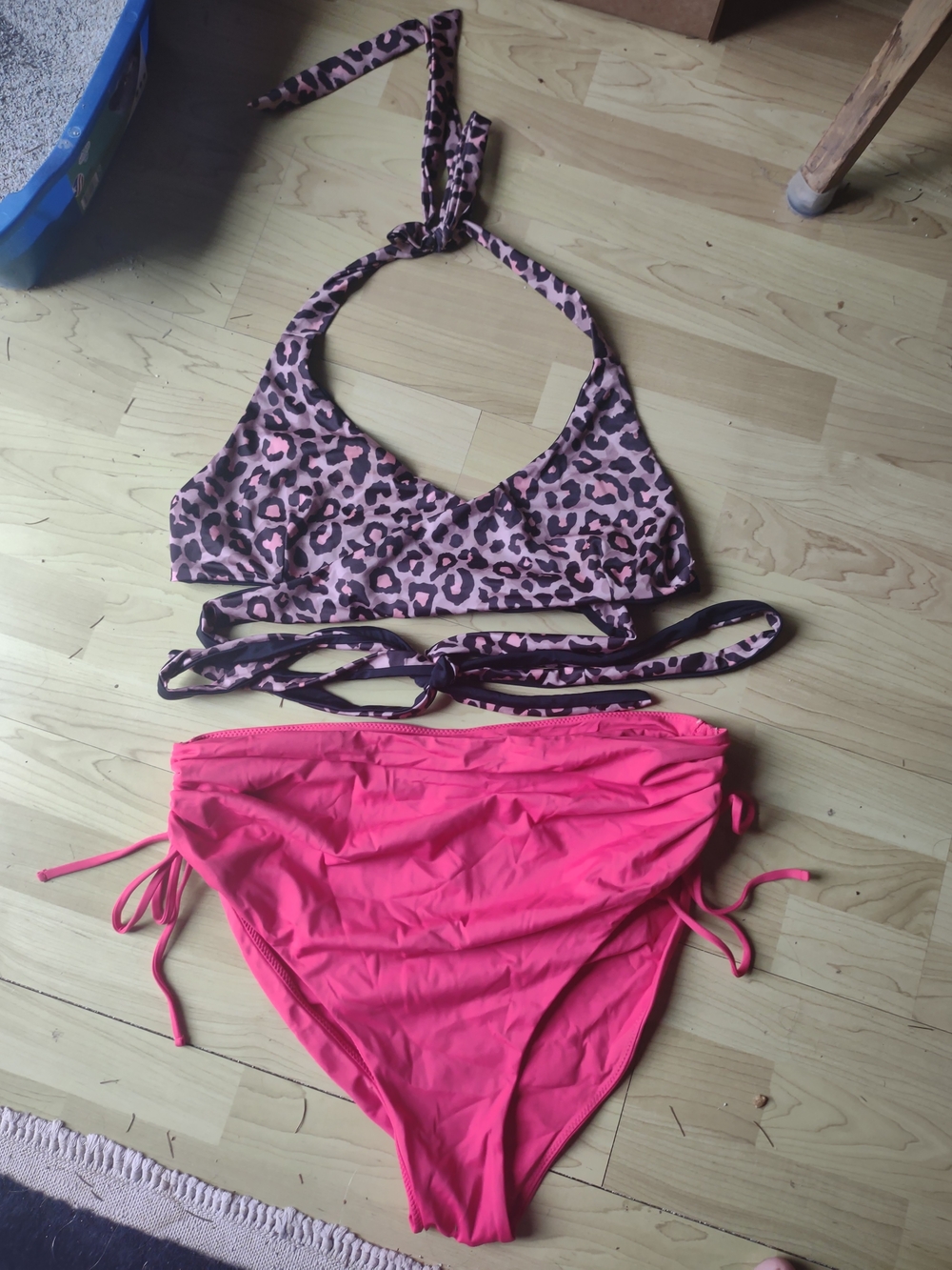 Pink Leopard Halter Bikini Top with Coral High-Waist Bottoms